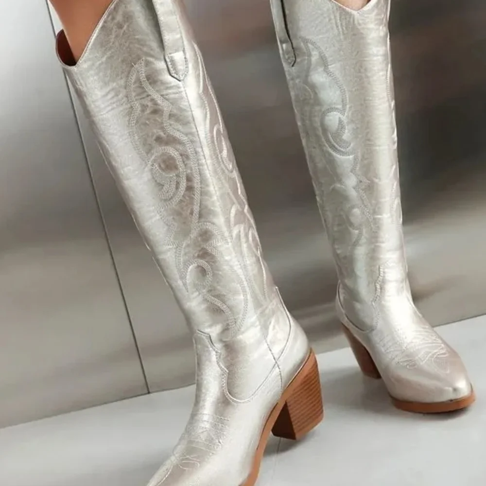 SILVER METALLIC EMBROIDED KNEE HIGH BOOT - Picture 2 of 4